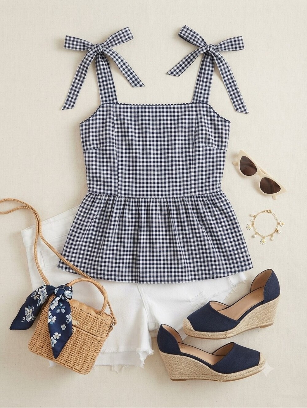 Skies Are Blue Navy White Gingham Print Babydoll Blouse With Tie Shoulder Straps